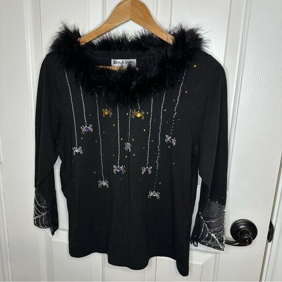 jack b. quick Tops - VTG Jack B. Quick Black Beaded Lace Spider Halloween 3/4 Sleeve Blouse Sz L